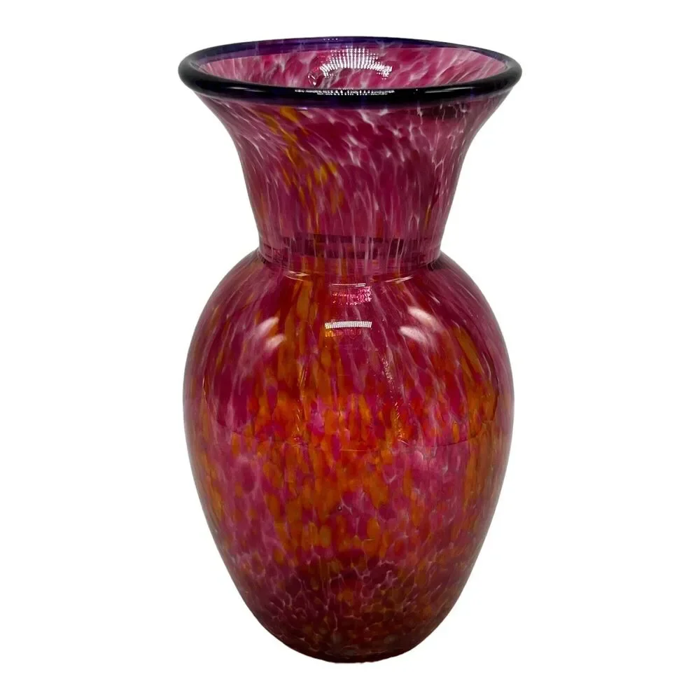 Cranberry Art Glass Confetti Vase‎ Hand Blown Tortoise Marbled Signed Brubaker